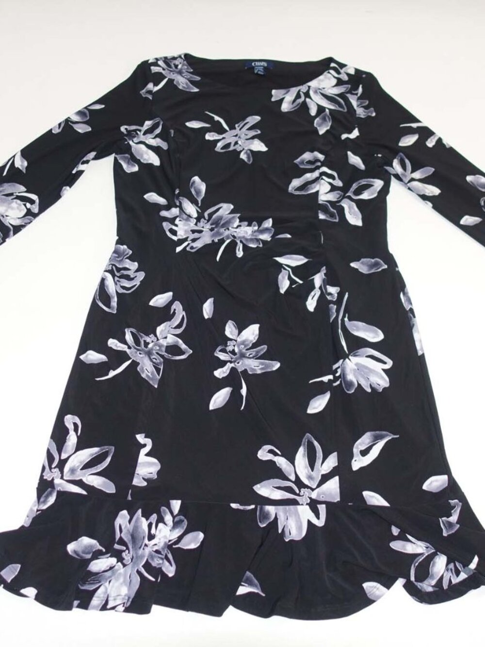 Chaps Womens Sheath Dress Size XL Black Gray Floral Print Flutter Bottom Stretch